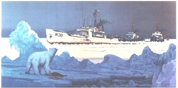 Painting depicting the cutters Storis, Spar and Bramble making their way through the ice during the successful 1957 traverse of the Northwest Passage. (U.S. Coast Guard) Painting depicting the cutters Storis, Spar and Bramble making their way through the ice during the successful 1957 traverse of the Northwest Passage. (U.S. Coast Guard)